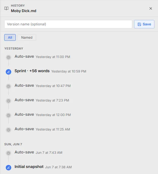 A file's version history — auto-saves and named snapshots, each ready to restore.