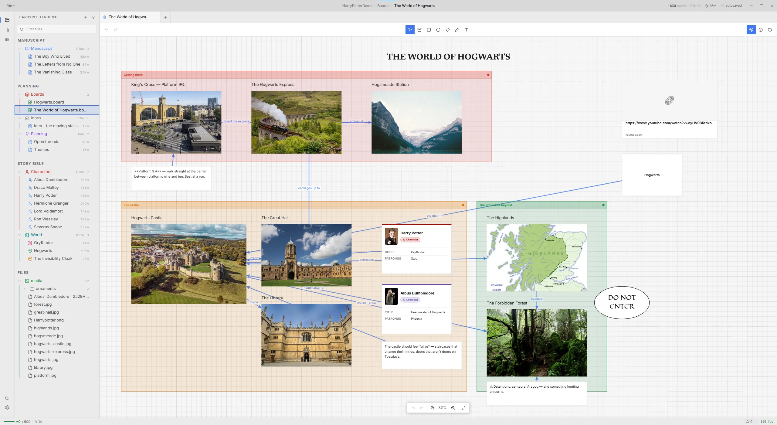 A Proseidon board mid-brainstorm: scenes, characters and notes connected in plain language.