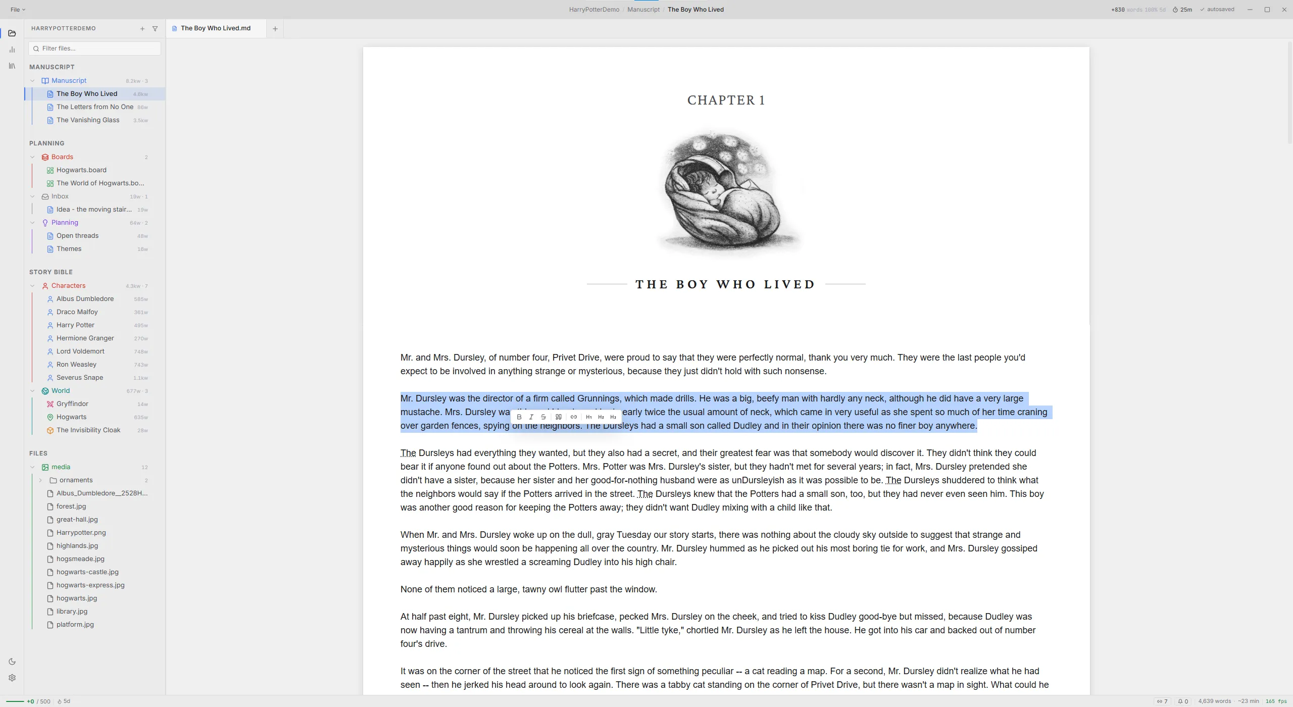 The Proseidon editor — a full page of prose in clean Markdown.