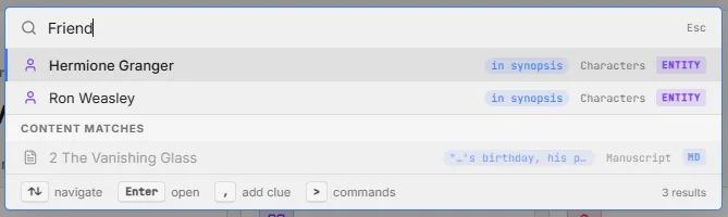 The search bar — results by name and full text as you type.