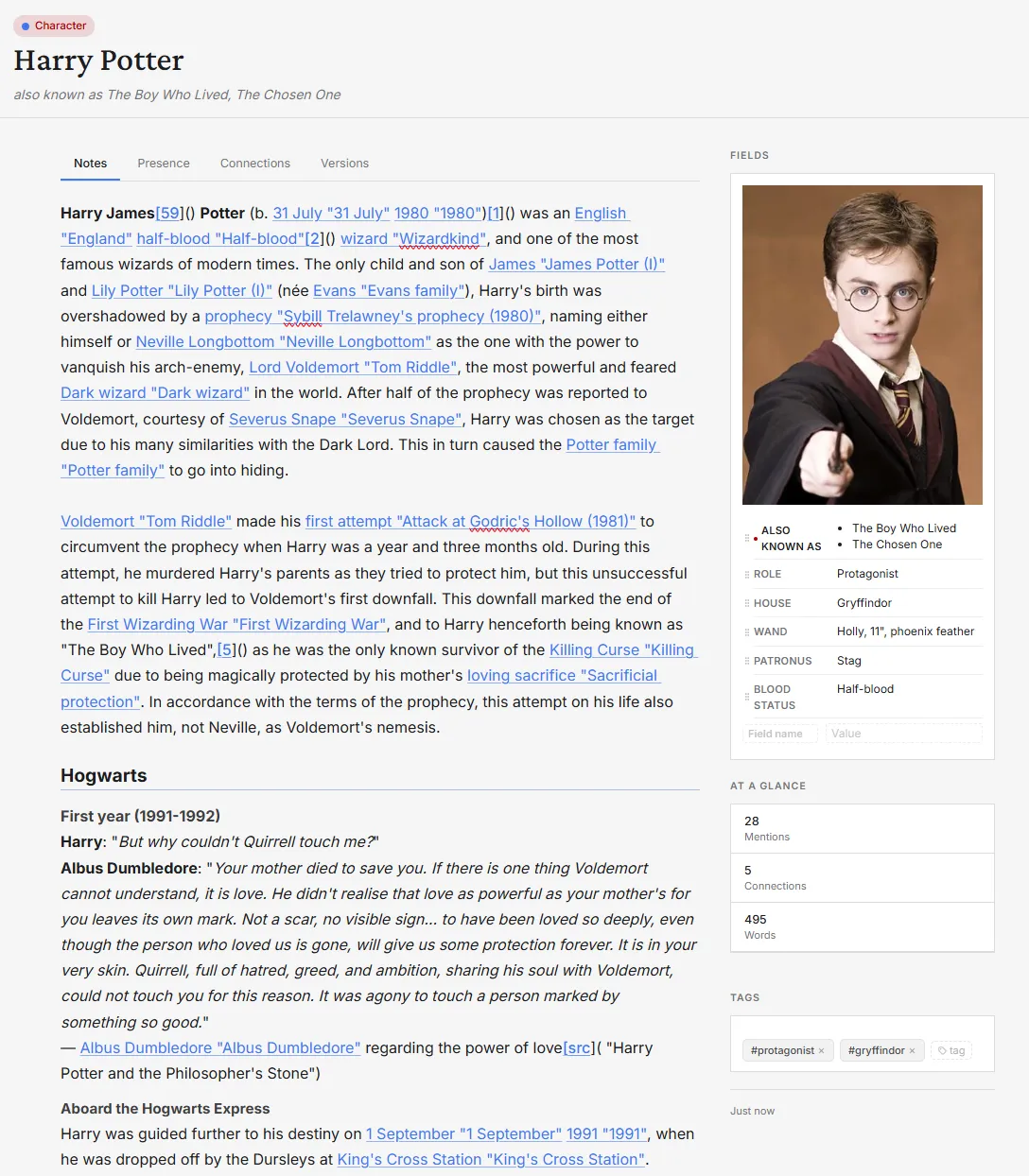 A character page — a typed infobox beside a Markdown bio.