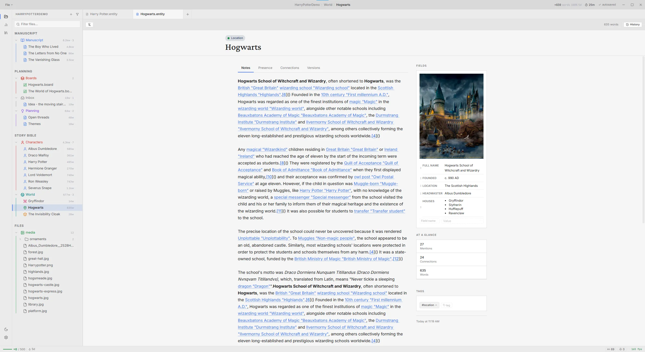 Proseidon with a location page — Hogwarts — open in the full app.